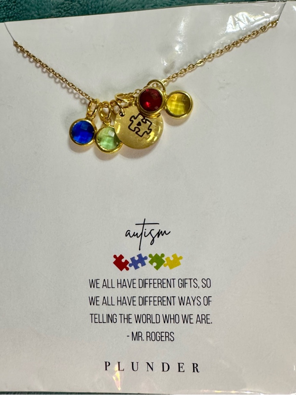 Plunder Gold Autism Awareness Necklace with Red, Blue, Yellow and Green Charms
